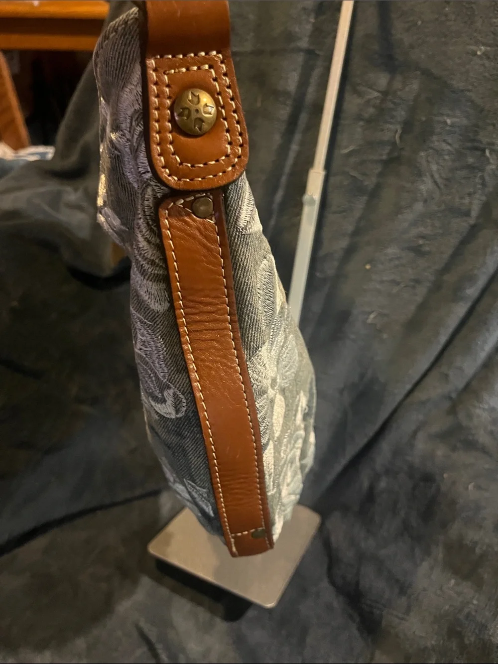 Patricia Nash Denim Floral Embroidered Bag with Brown Leather Strap